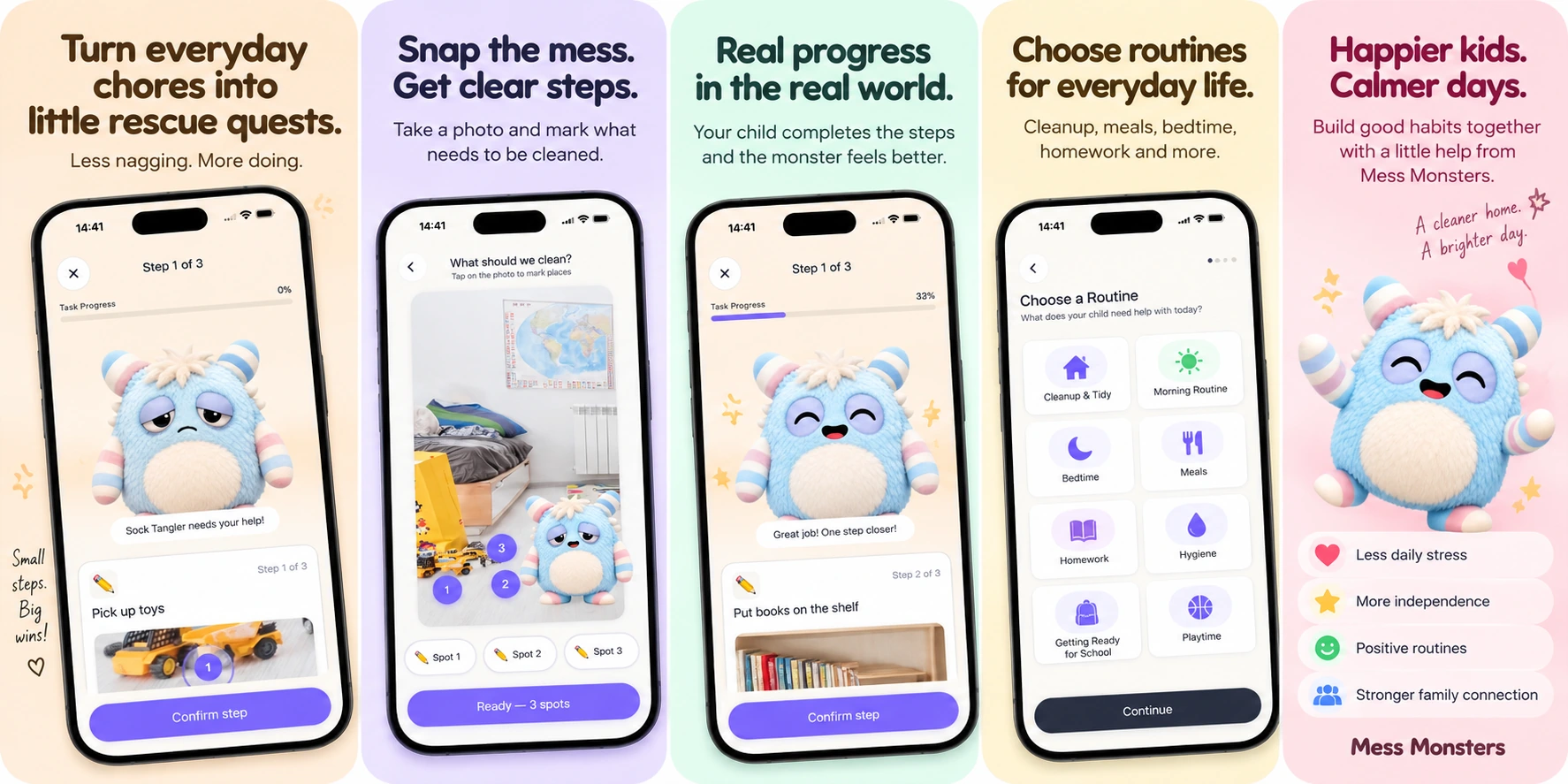 Mess Monsters app flow: rescue quests, photo cleanup steps, routines and family progress