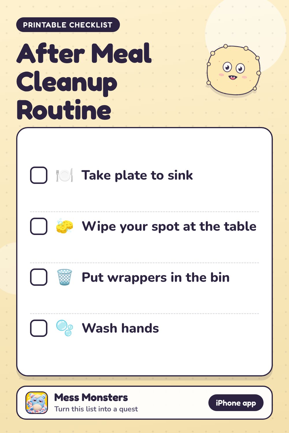 After Meal Cleanup Routine checklist with 4 steps