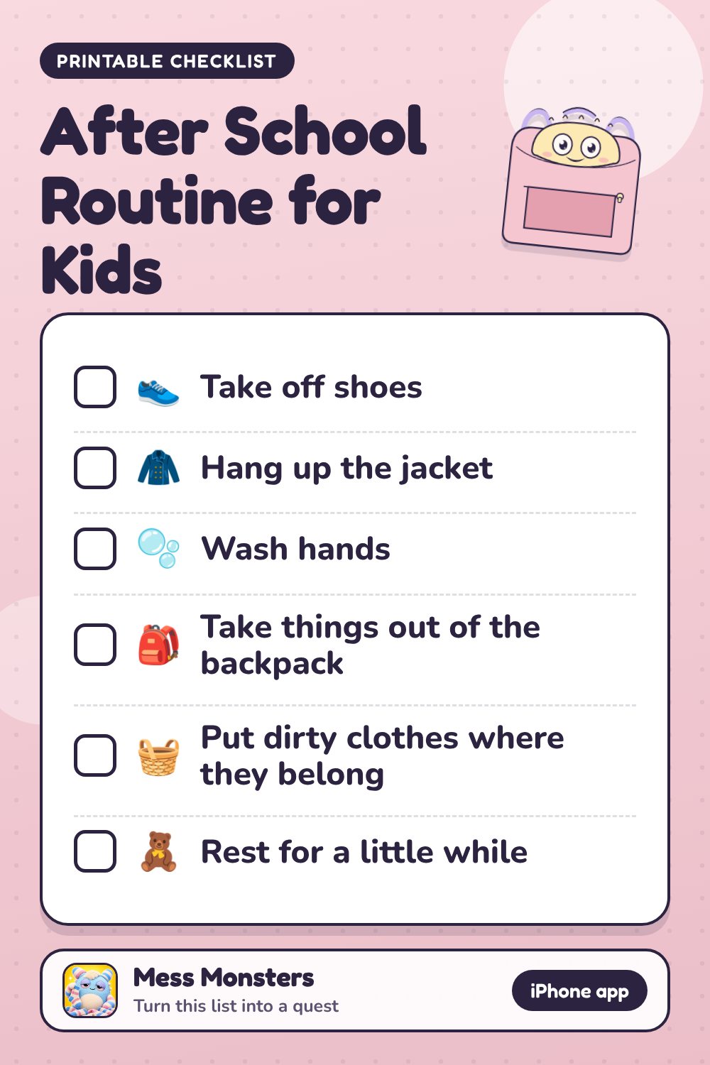 After School Routine for Kids checklist with 6 steps
