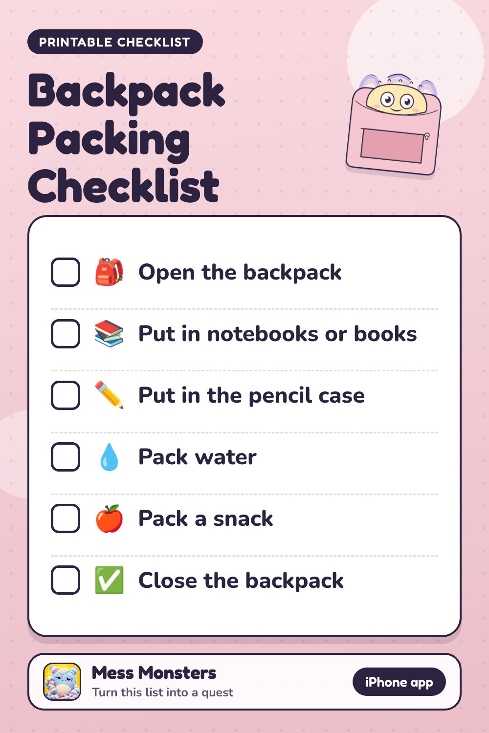 Backpack Packing Checklist checklist with 6 steps