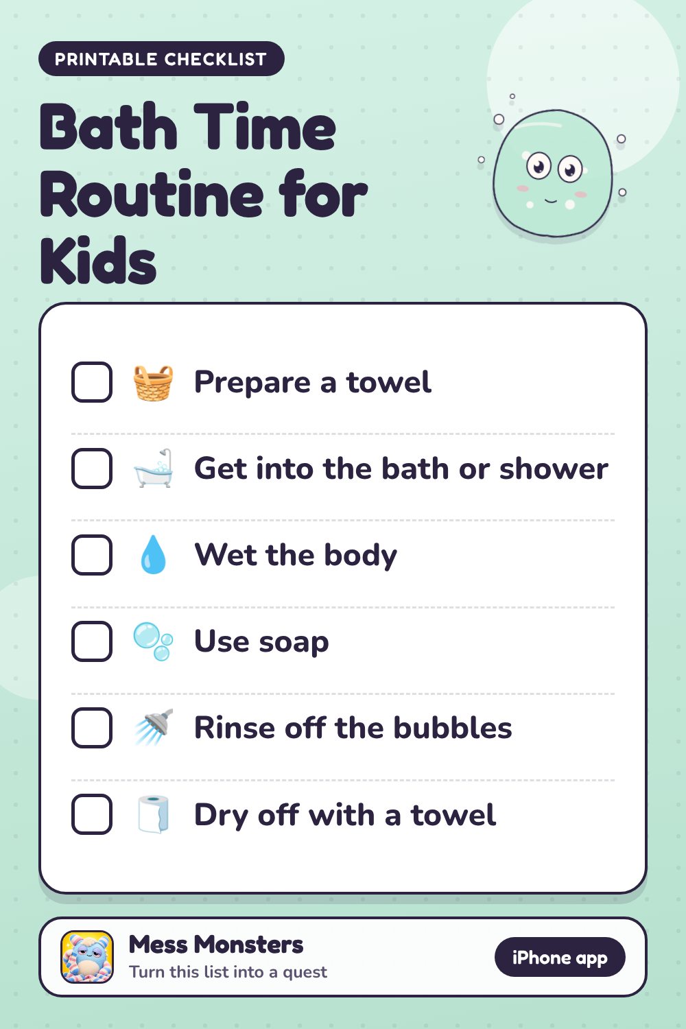 Bath Time Routine for Kids checklist with 6 steps