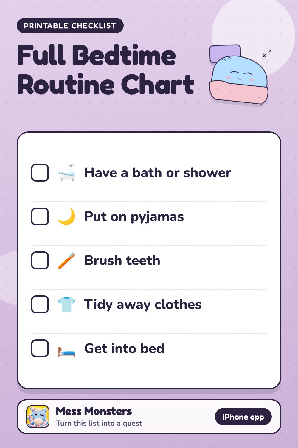 Full Bedtime Routine Chart checklist with 5 steps