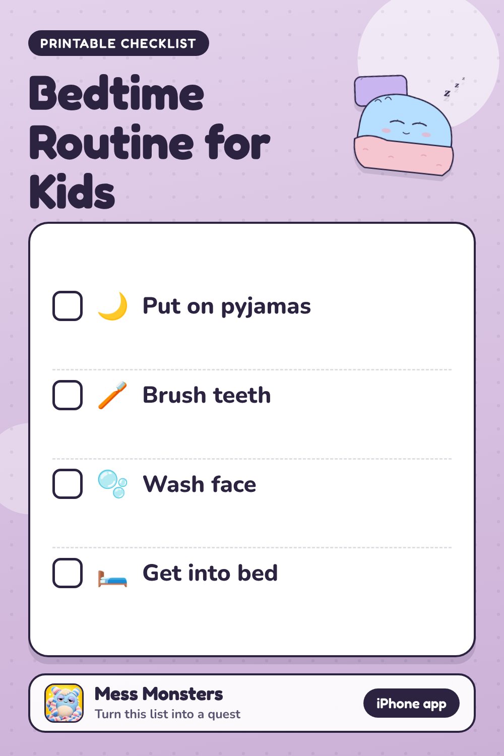 Bedtime Routine for Kids checklist with 4 steps