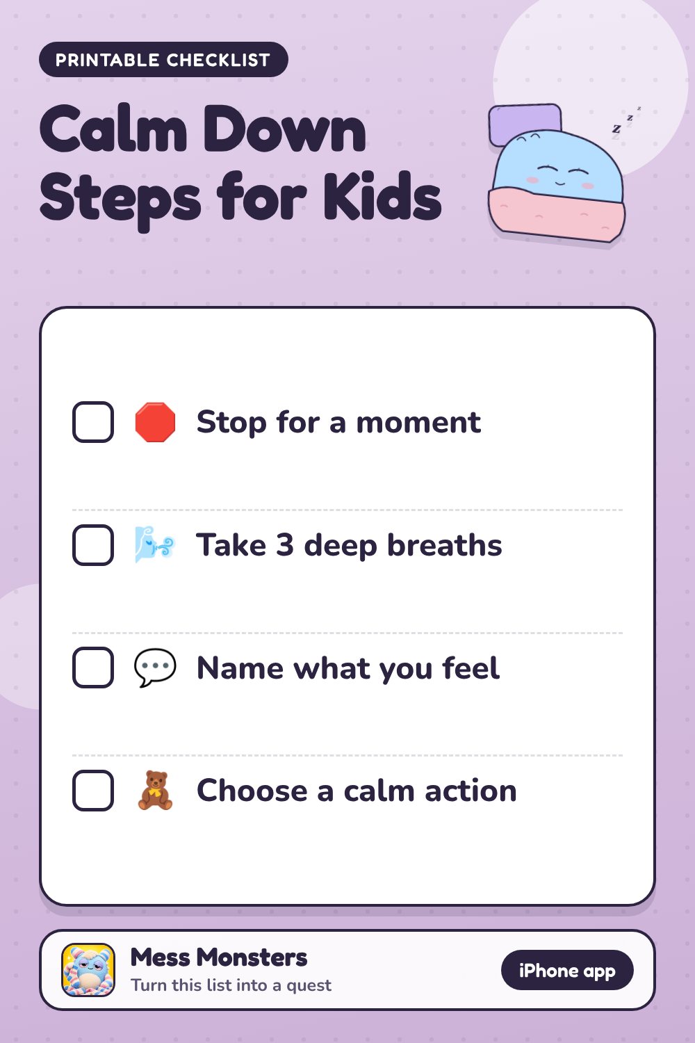 Calm Down Steps for Kids checklist with 4 steps