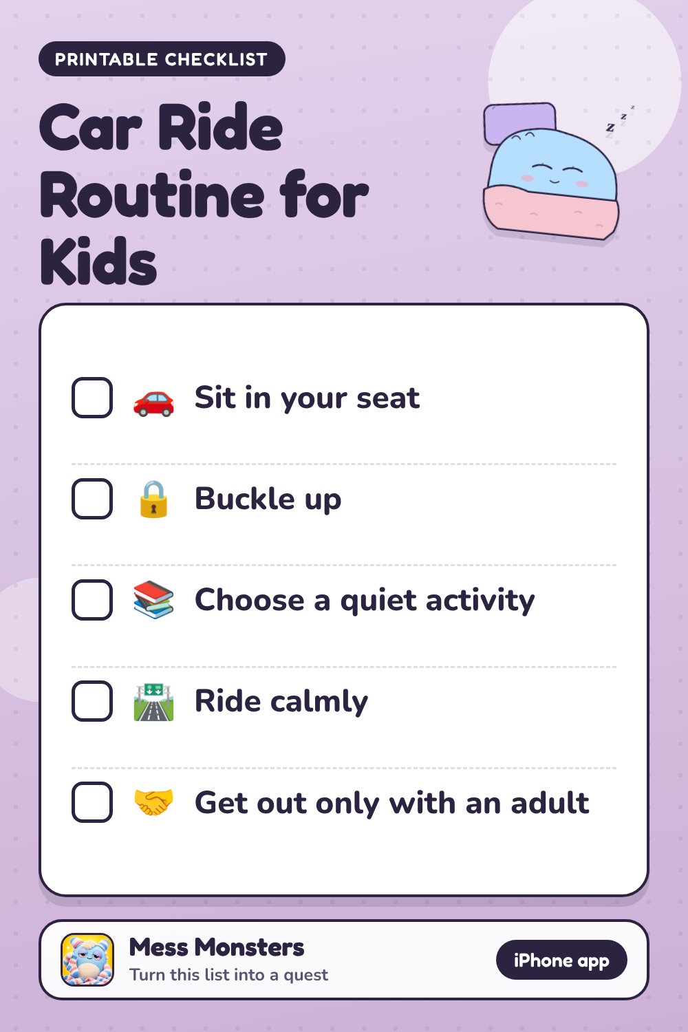 Car Ride Routine for Kids checklist with 5 steps