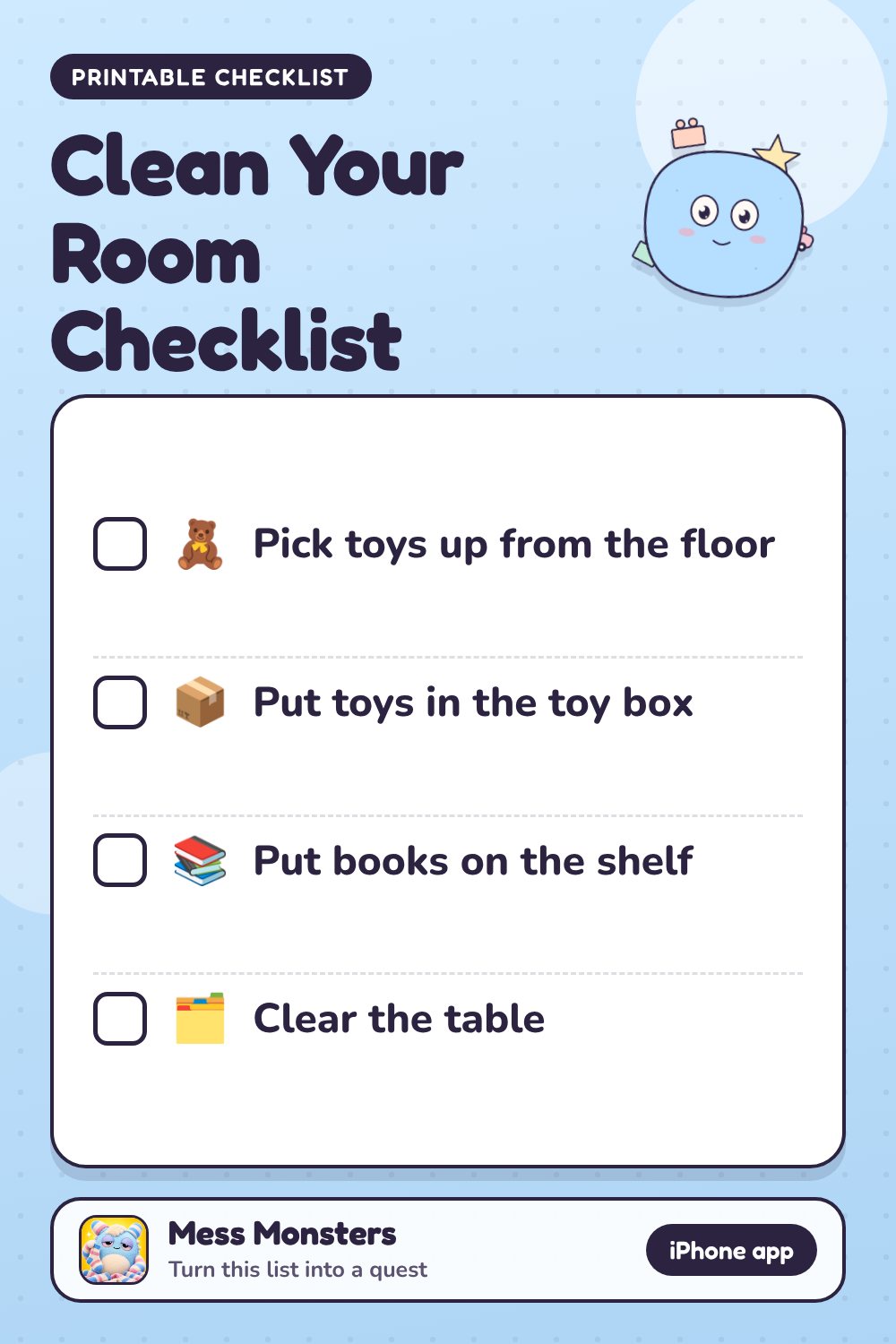 Clean Your Room Checklist checklist with 4 steps