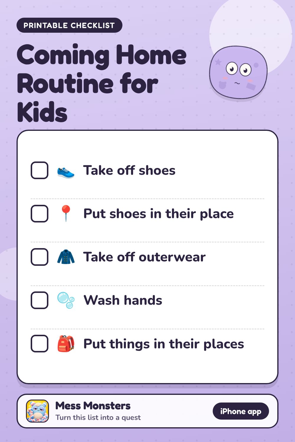 Coming Home Routine for Kids checklist with 5 steps