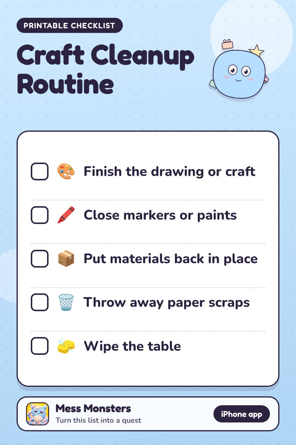 Craft Cleanup Routine checklist with 5 steps