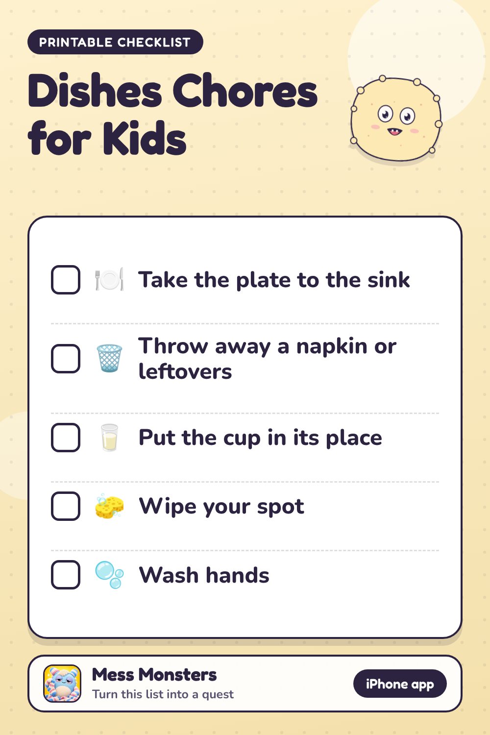 Dishes Chores for Kids checklist with 5 steps