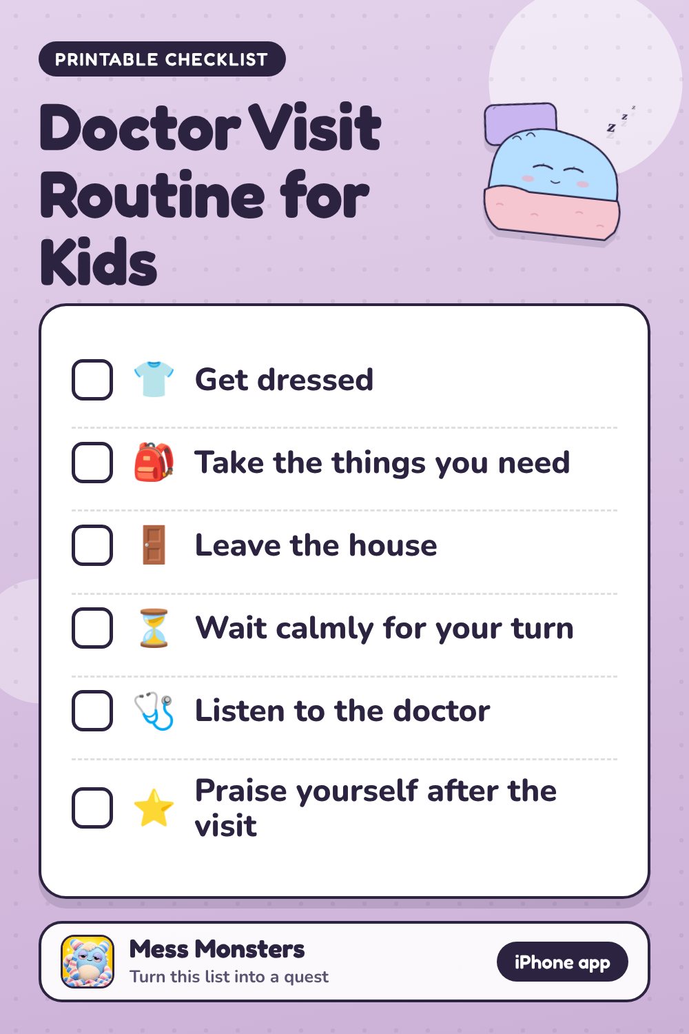 Doctor Visit Routine for Kids checklist with 6 steps