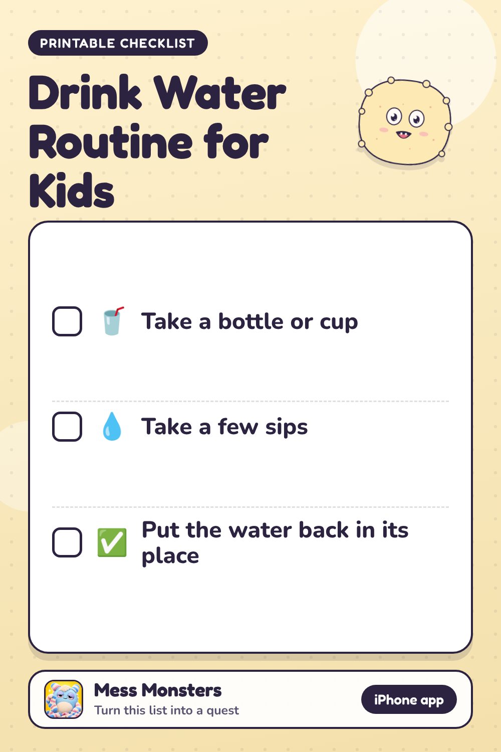 Drink Water Routine for Kids checklist with 3 steps