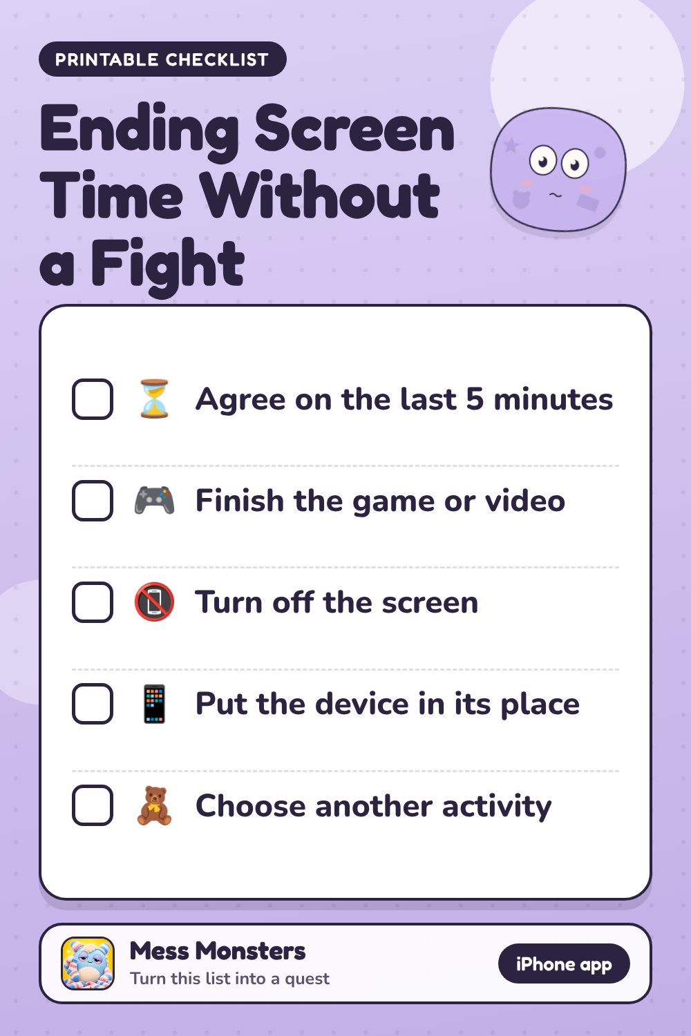 Ending Screen Time Without a Fight checklist with 5 steps