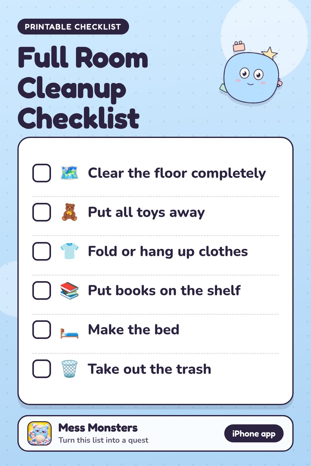 Full Room Cleanup Checklist checklist with 6 steps