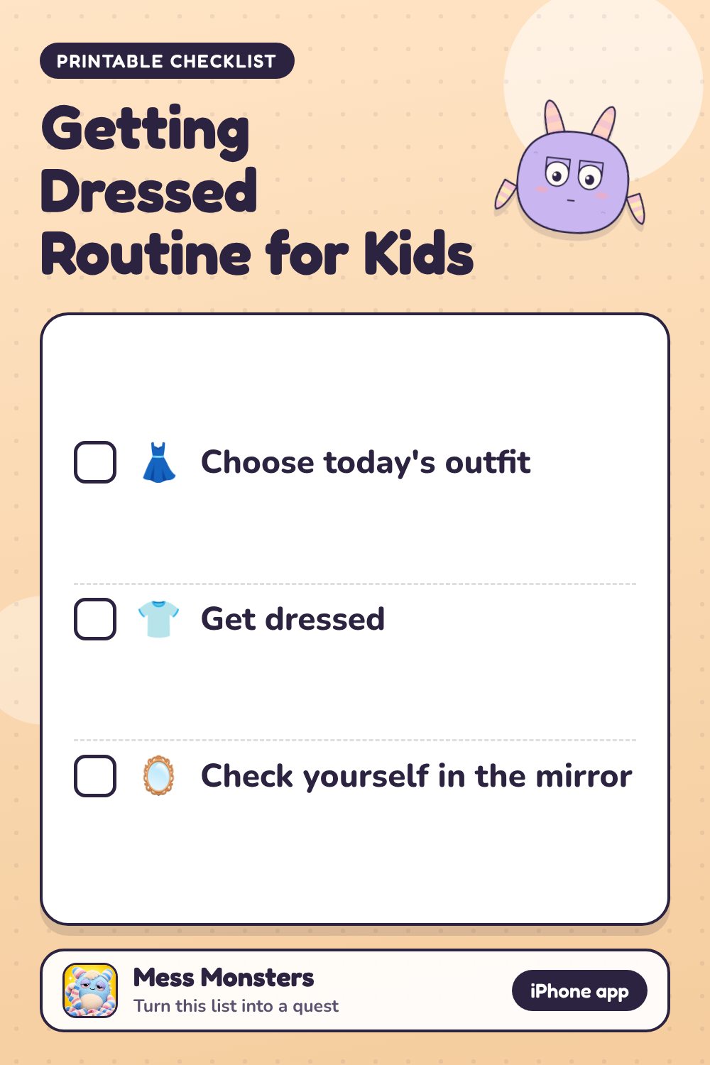 Getting Dressed Routine for Kids checklist with 3 steps