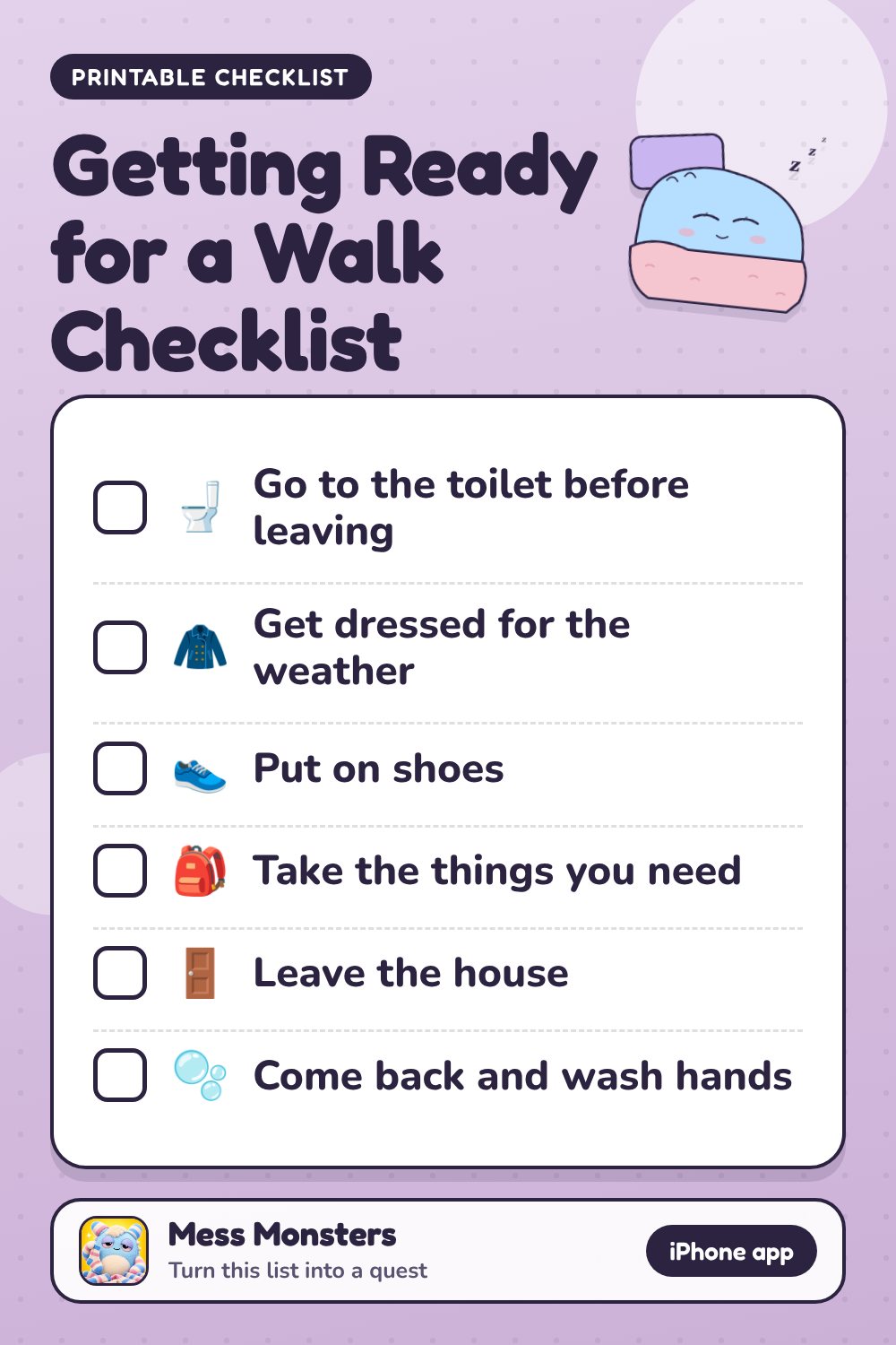 Getting Ready for a Walk Checklist checklist with 6 steps