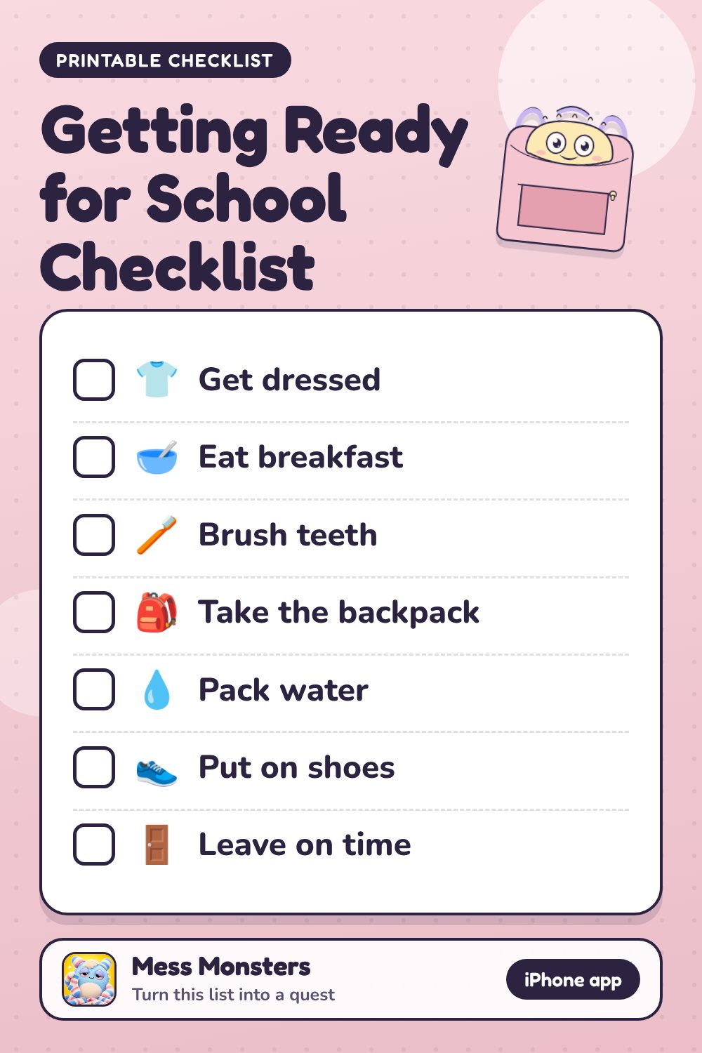 Getting Ready for School Checklist checklist with 7 steps