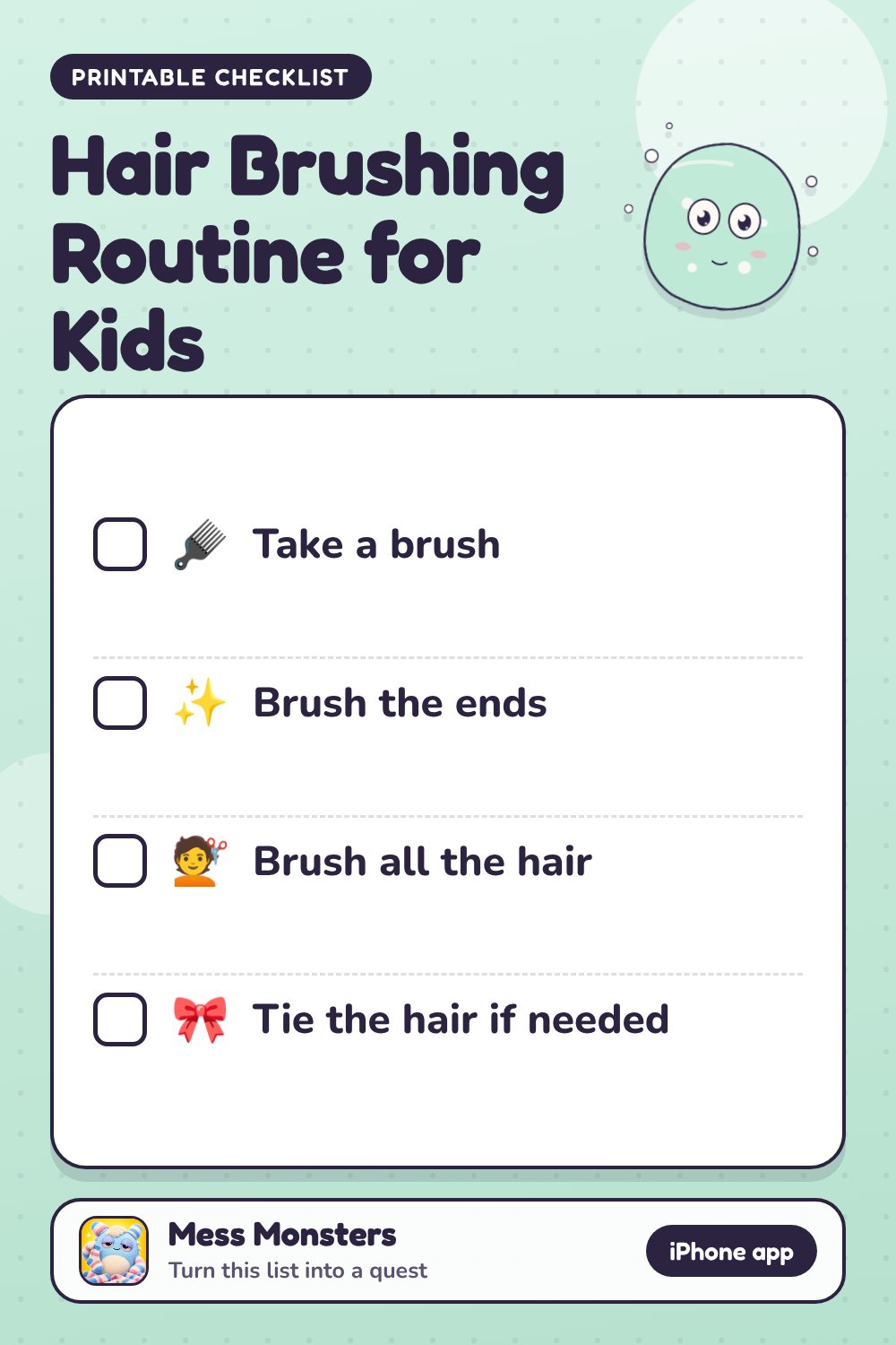 Hair Brushing Routine for Kids checklist with 4 steps