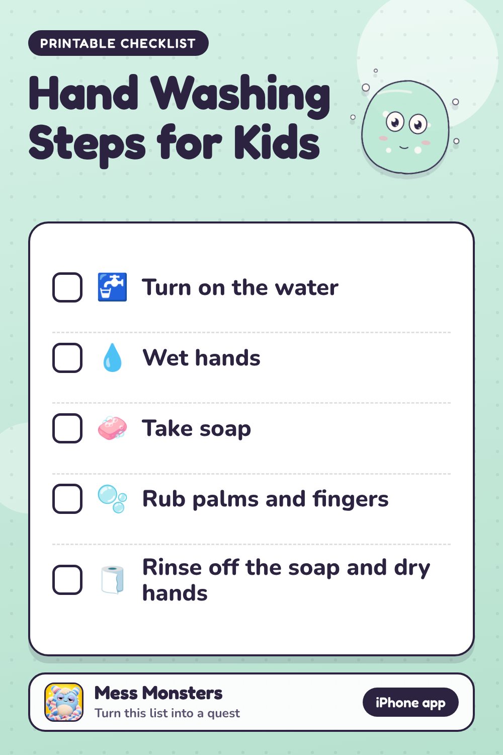 Hand Washing Steps for Kids checklist with 5 steps