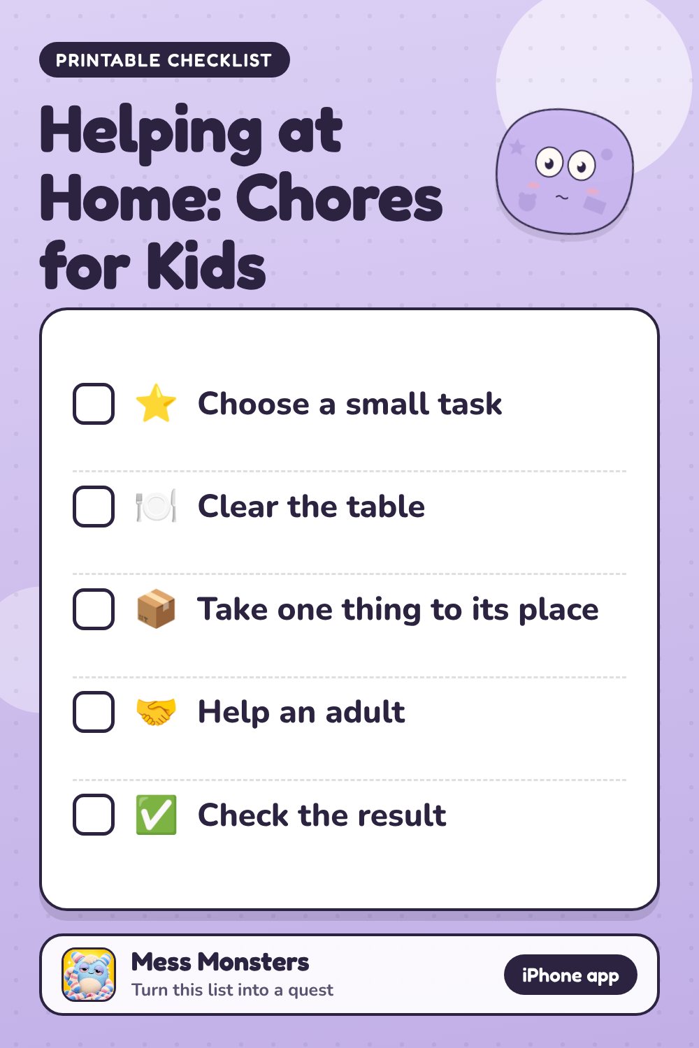 Helping at Home: Chores for Kids checklist with 5 steps