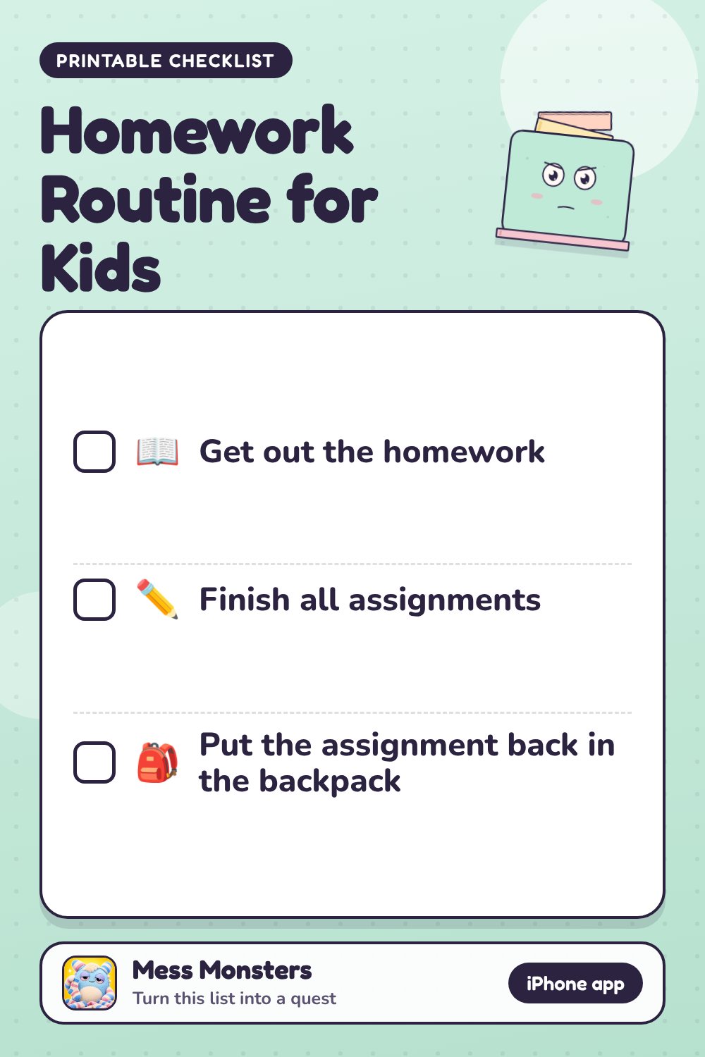 Homework Routine for Kids checklist with 3 steps