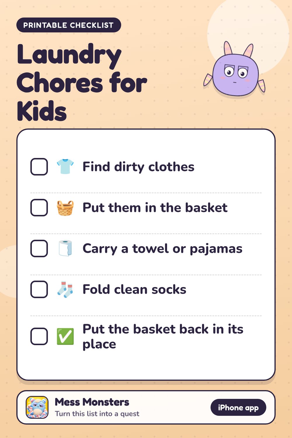Laundry Chores for Kids checklist with 5 steps