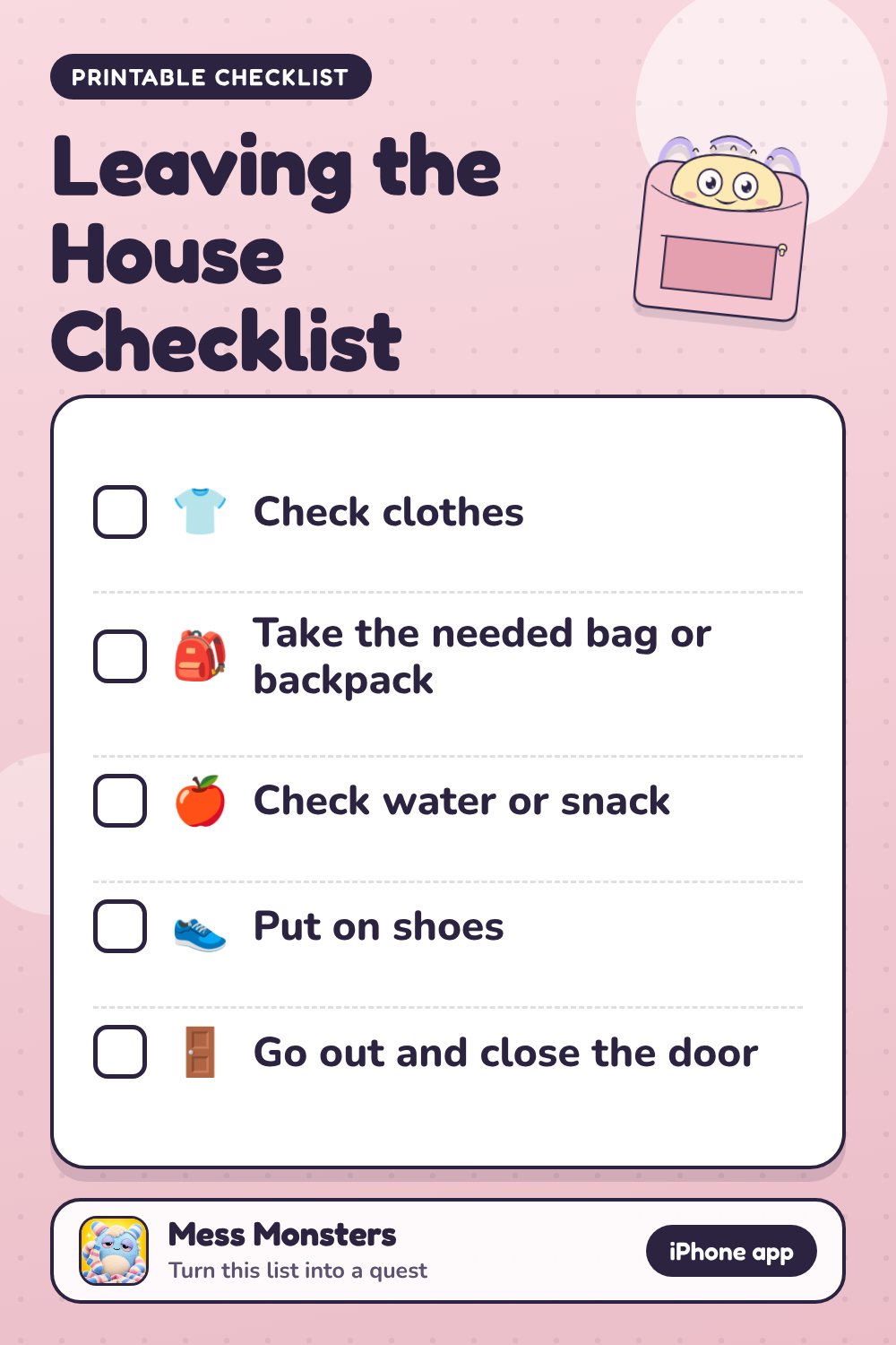 Leaving the House Checklist checklist with 5 steps