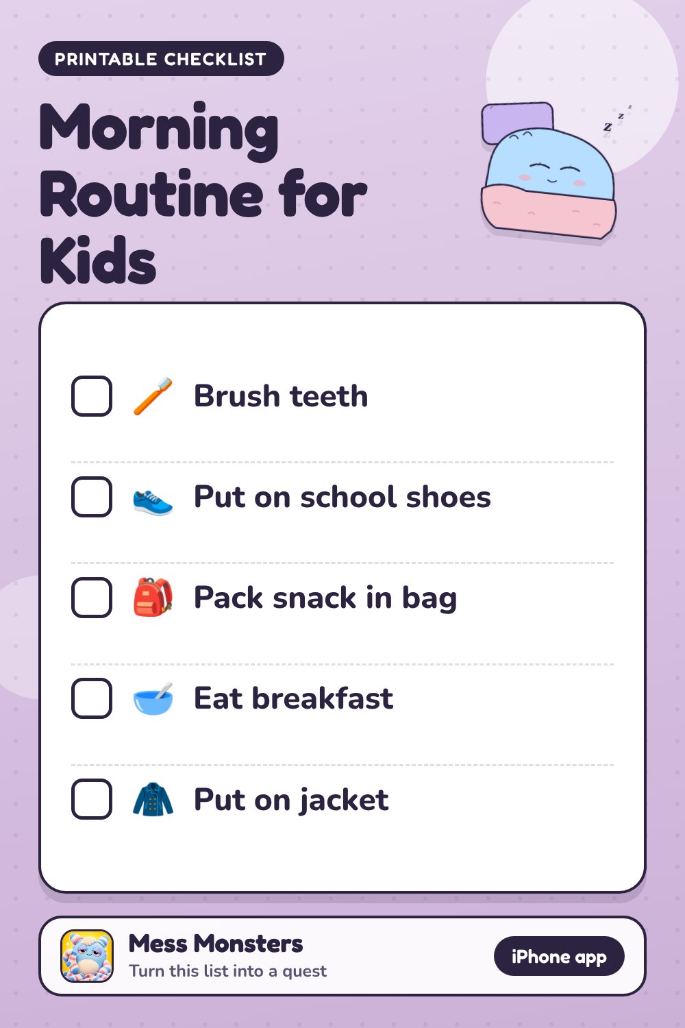 Morning Routine for Kids checklist with 5 steps