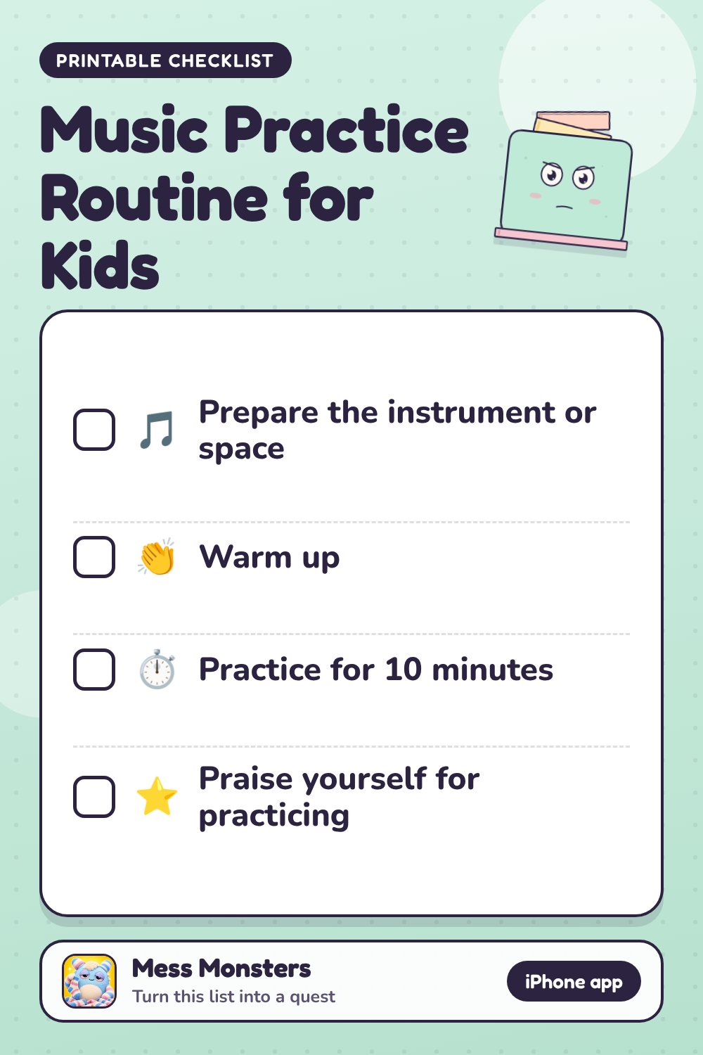 Music Practice Routine for Kids checklist with 4 steps