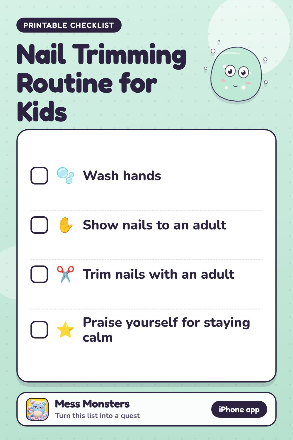Nail Trimming Routine for Kids checklist with 4 steps