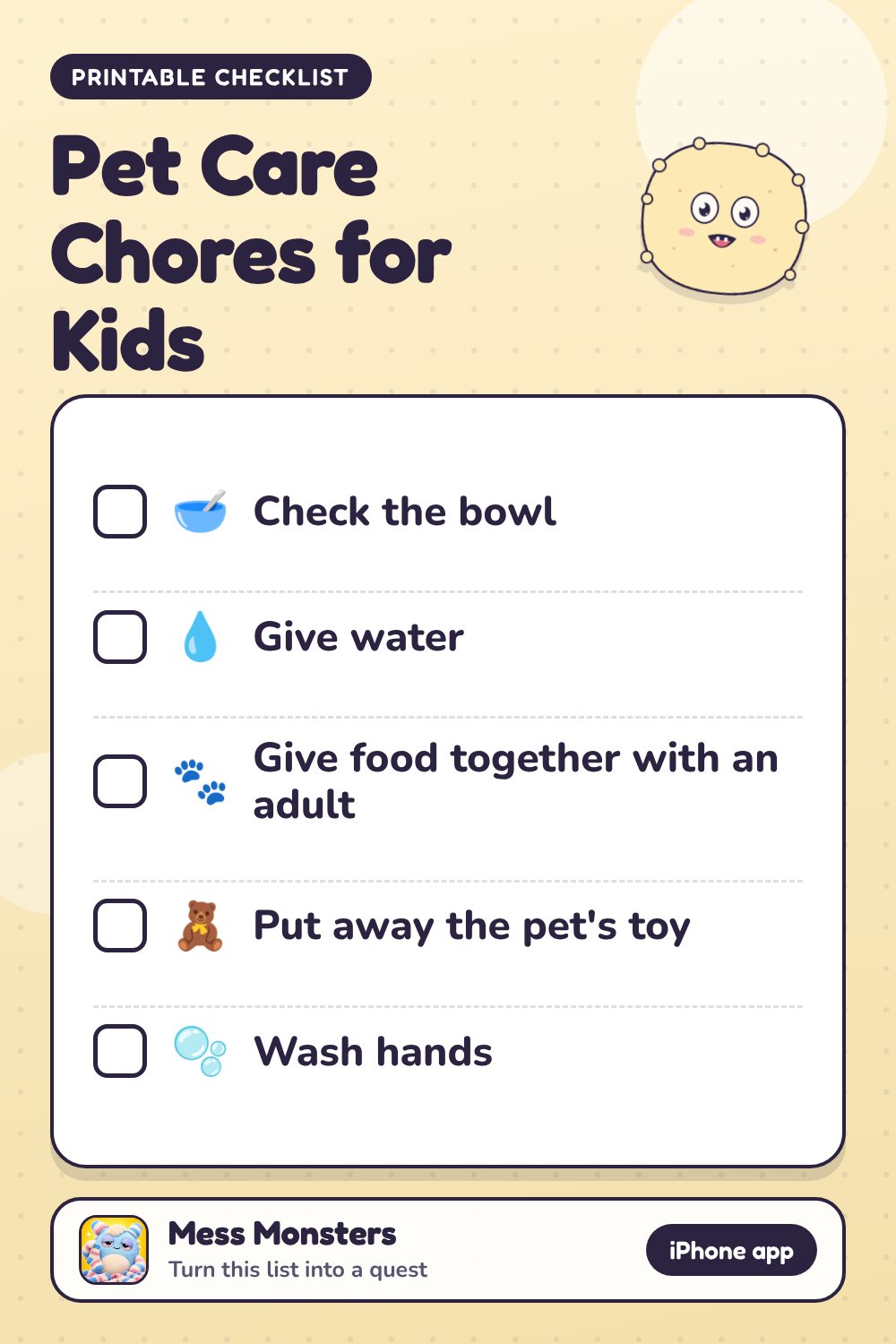 Pet Care Chores for Kids checklist with 5 steps