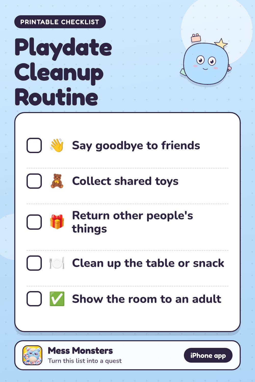Playdate Cleanup Routine checklist with 5 steps