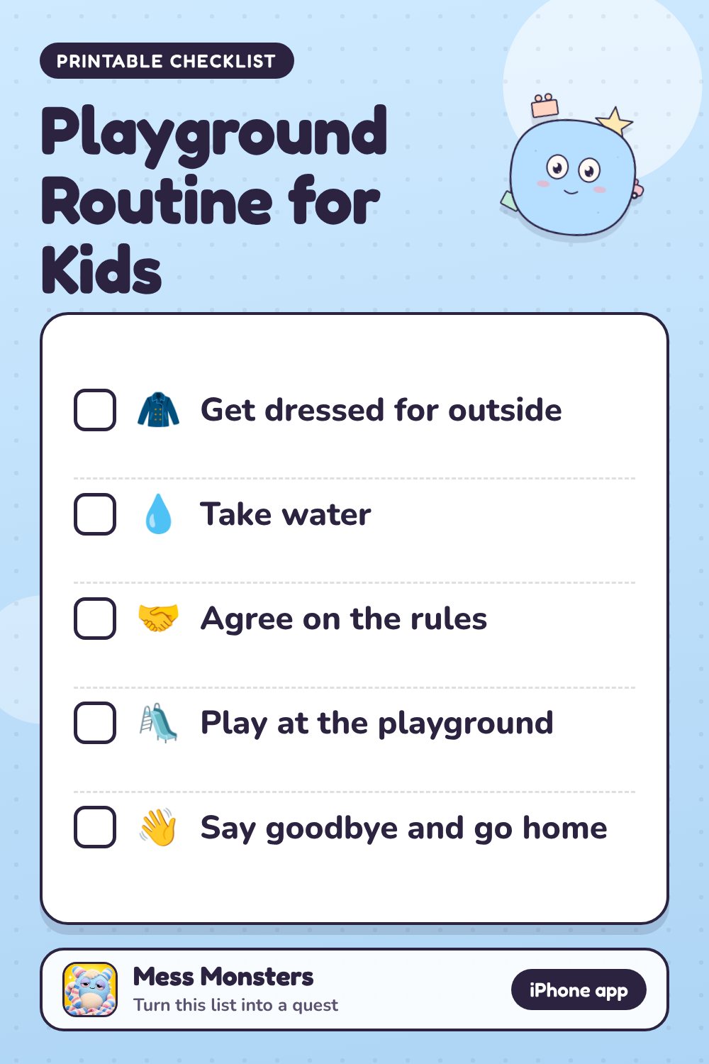 Playground Routine for Kids checklist with 5 steps