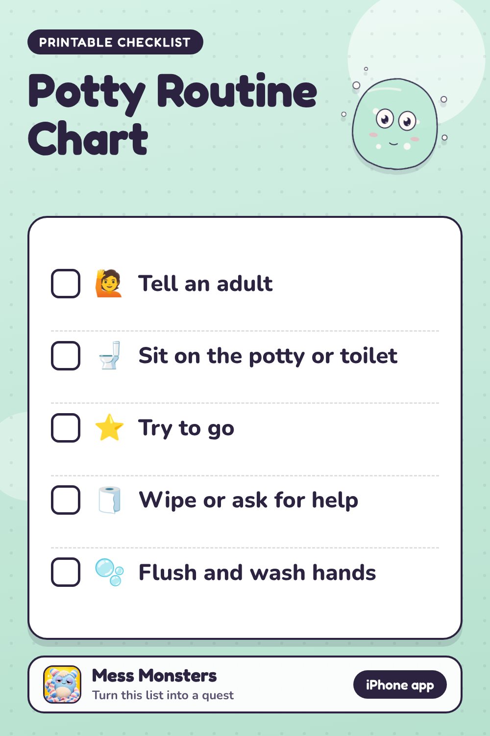 Potty Routine Chart checklist with 5 steps