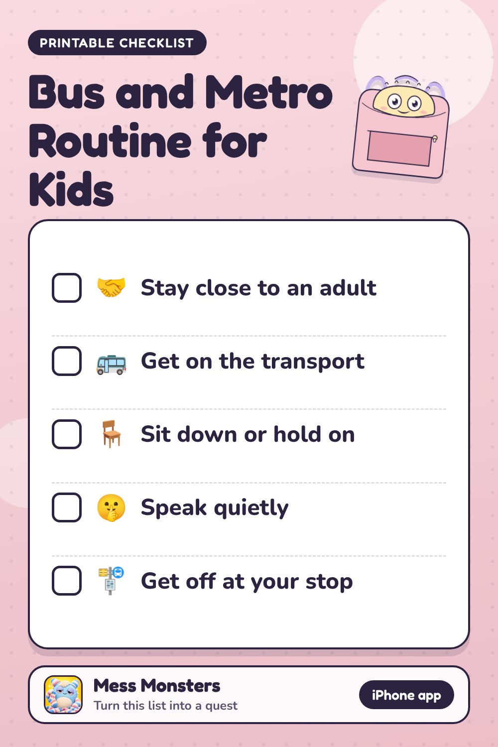 Bus and Metro Routine for Kids checklist with 5 steps