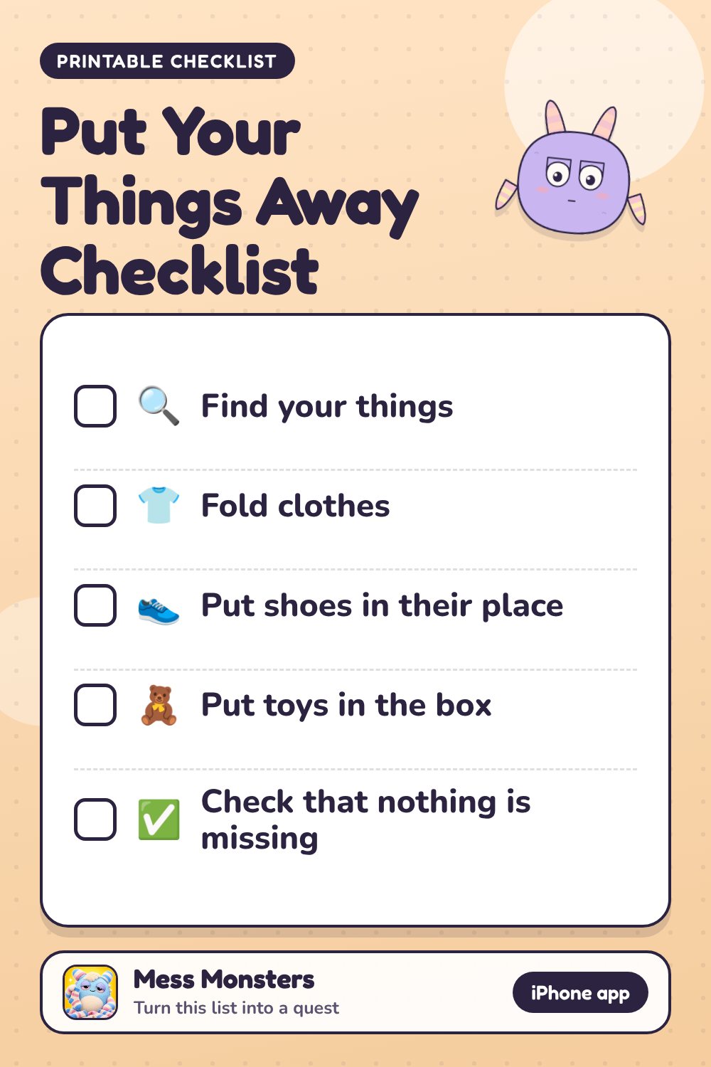 Put Your Things Away Checklist checklist with 5 steps