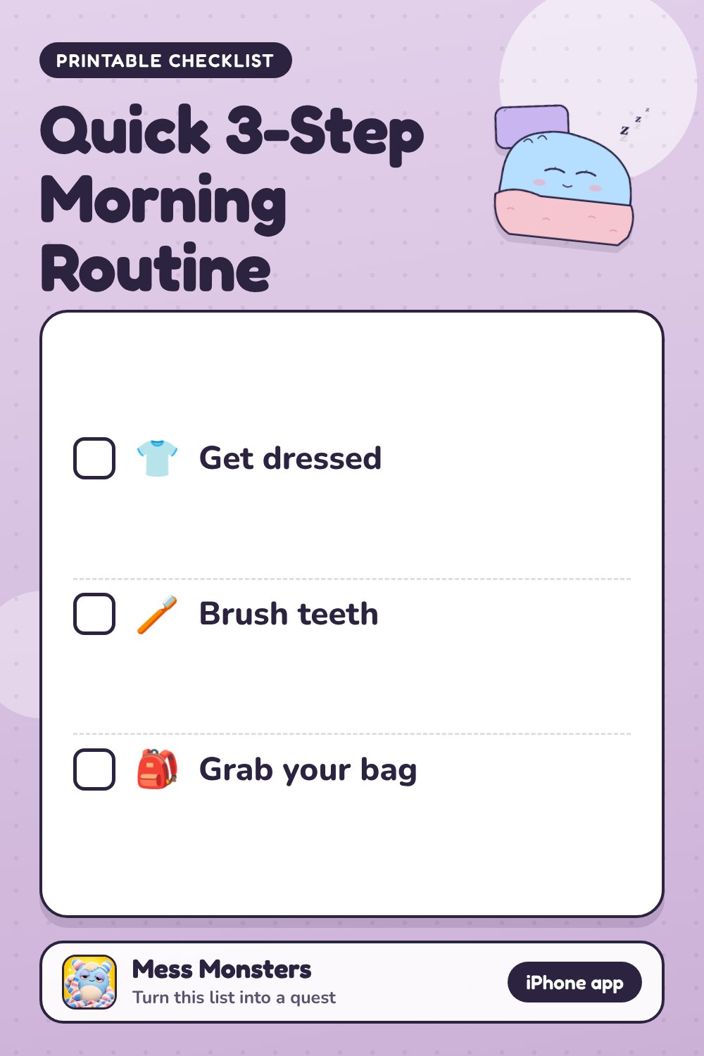 Quick 3-Step Morning Routine checklist with 3 steps