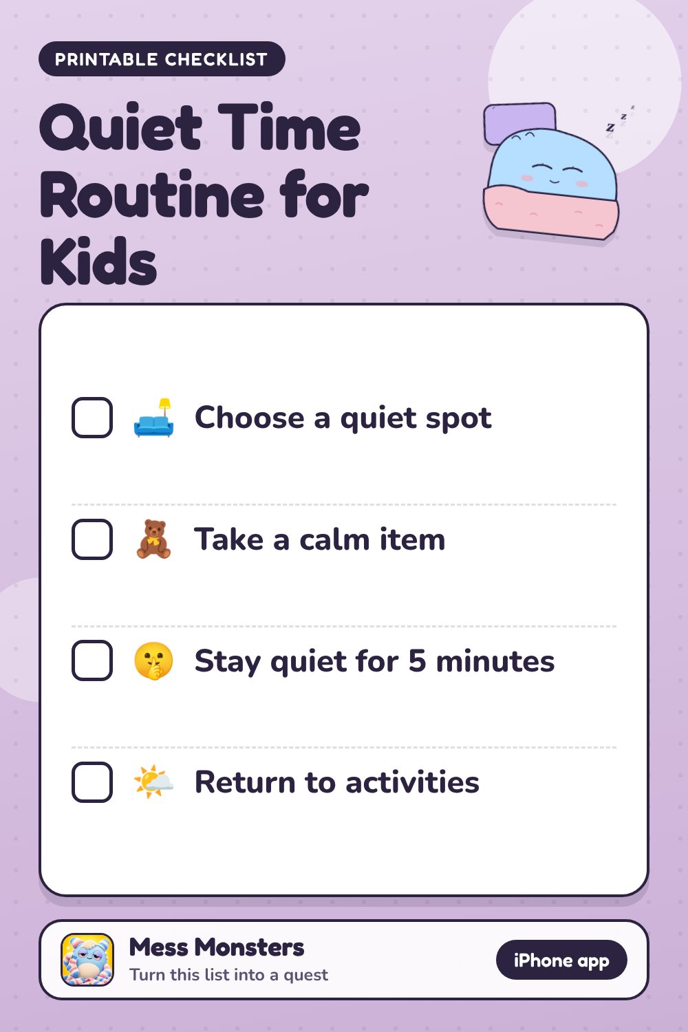 Quiet Time Routine for Kids checklist with 4 steps