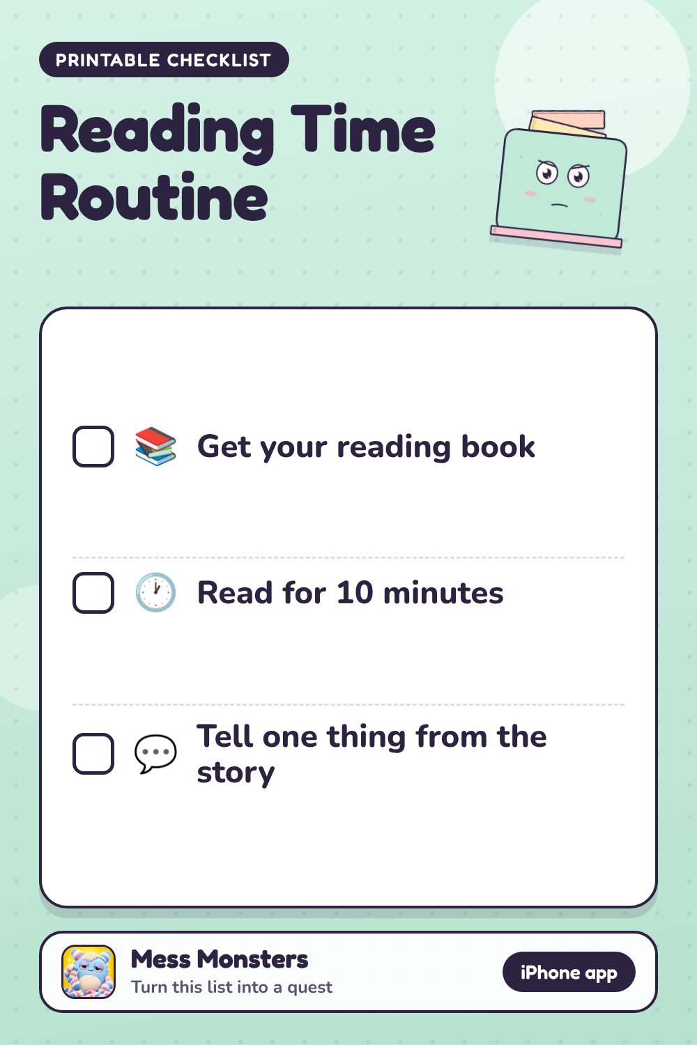 Reading Time Routine checklist with 3 steps