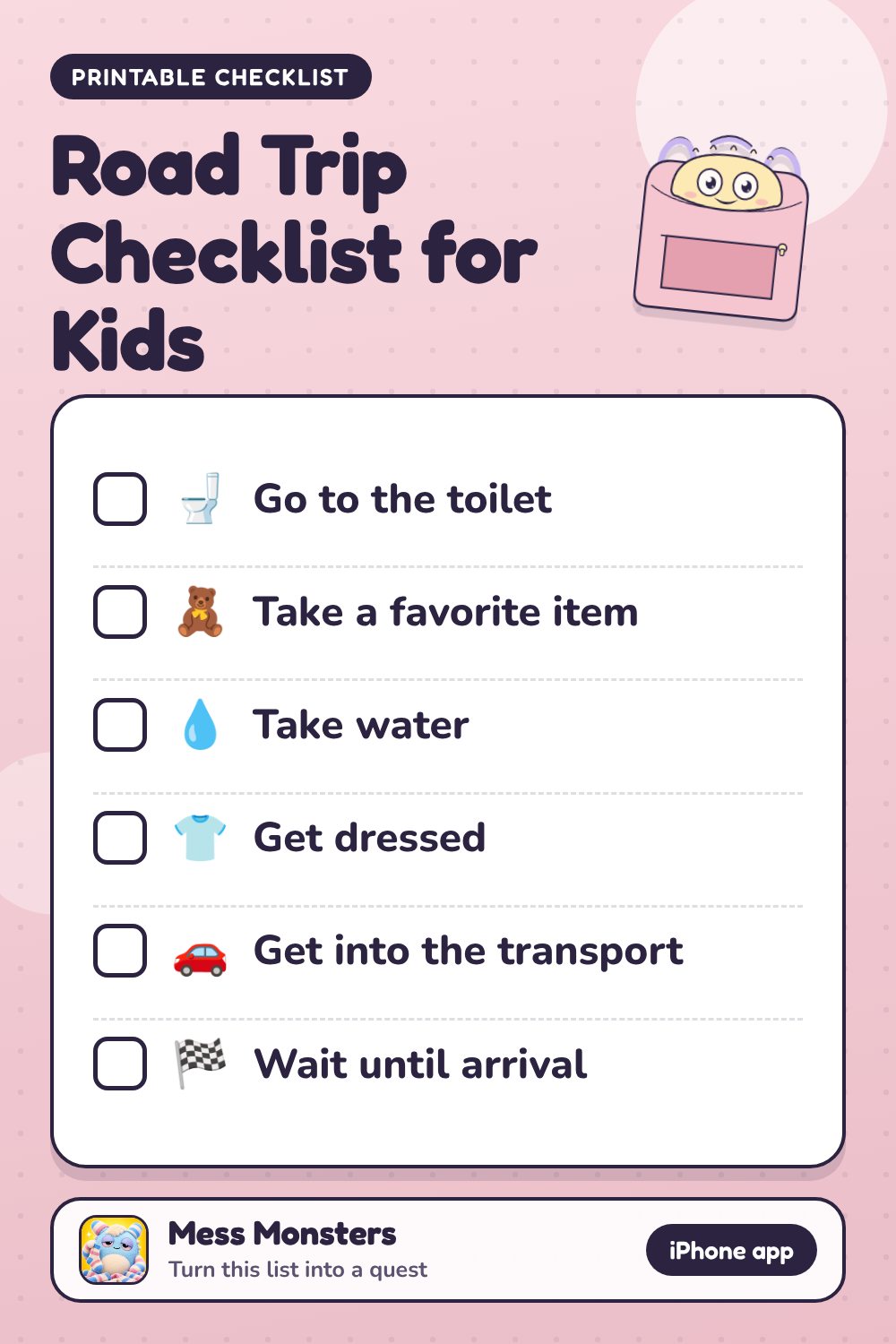 Road Trip Checklist for Kids checklist with 6 steps