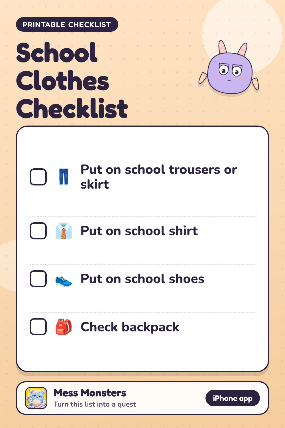School Clothes Checklist checklist with 4 steps