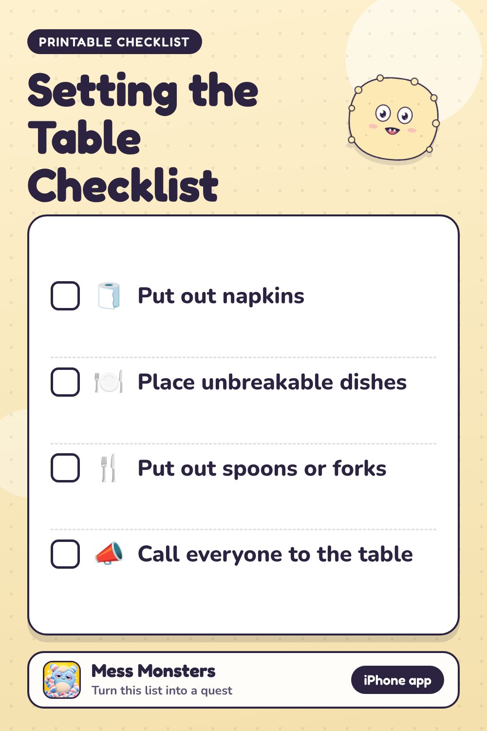 Setting the Table Checklist checklist with 4 steps