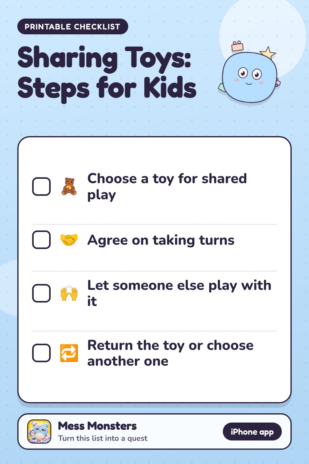 Sharing Toys: Steps for Kids checklist with 4 steps