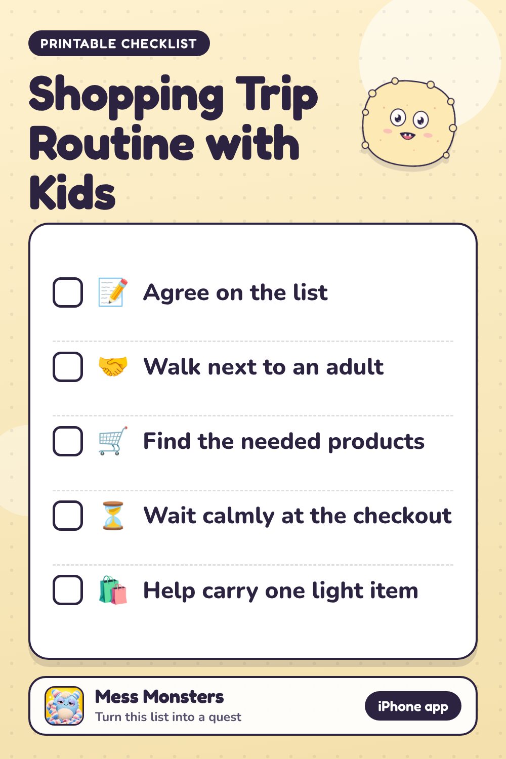 Shopping Trip Routine with Kids checklist with 5 steps