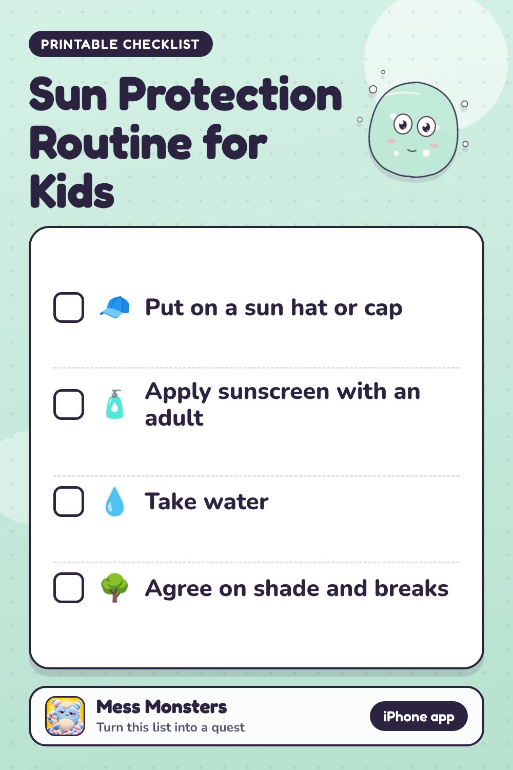Sun Protection Routine for Kids checklist with 4 steps