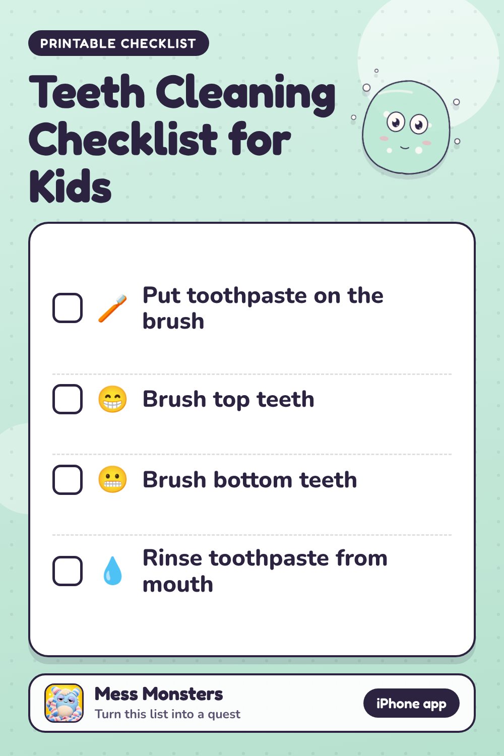 Teeth Cleaning Checklist for Kids checklist with 4 steps