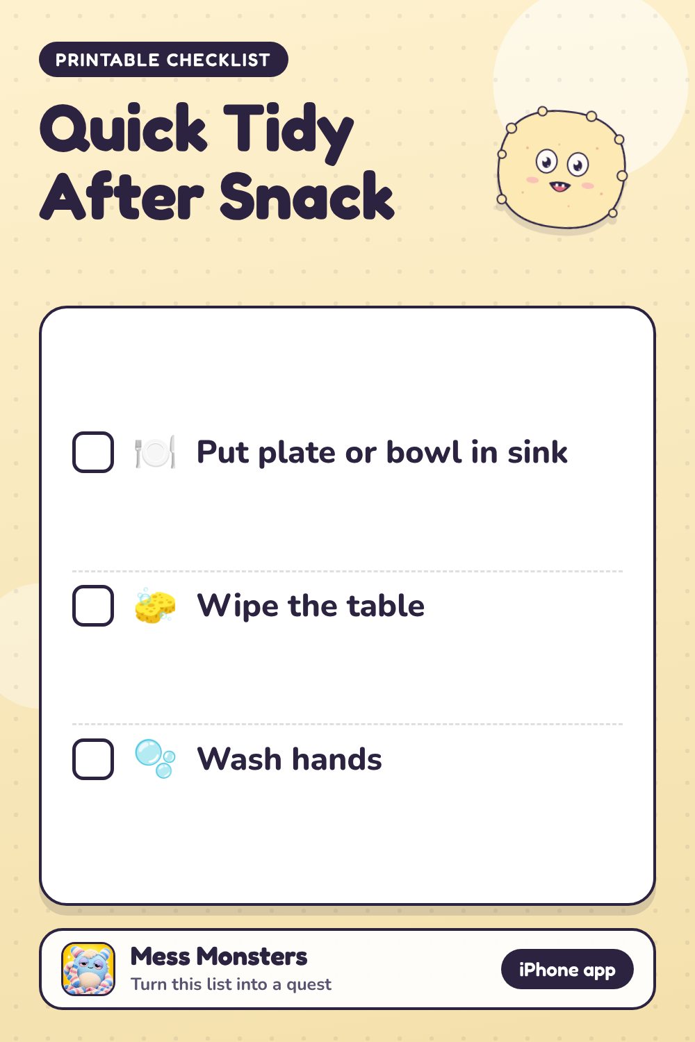 Quick Tidy After Snack checklist with 3 steps