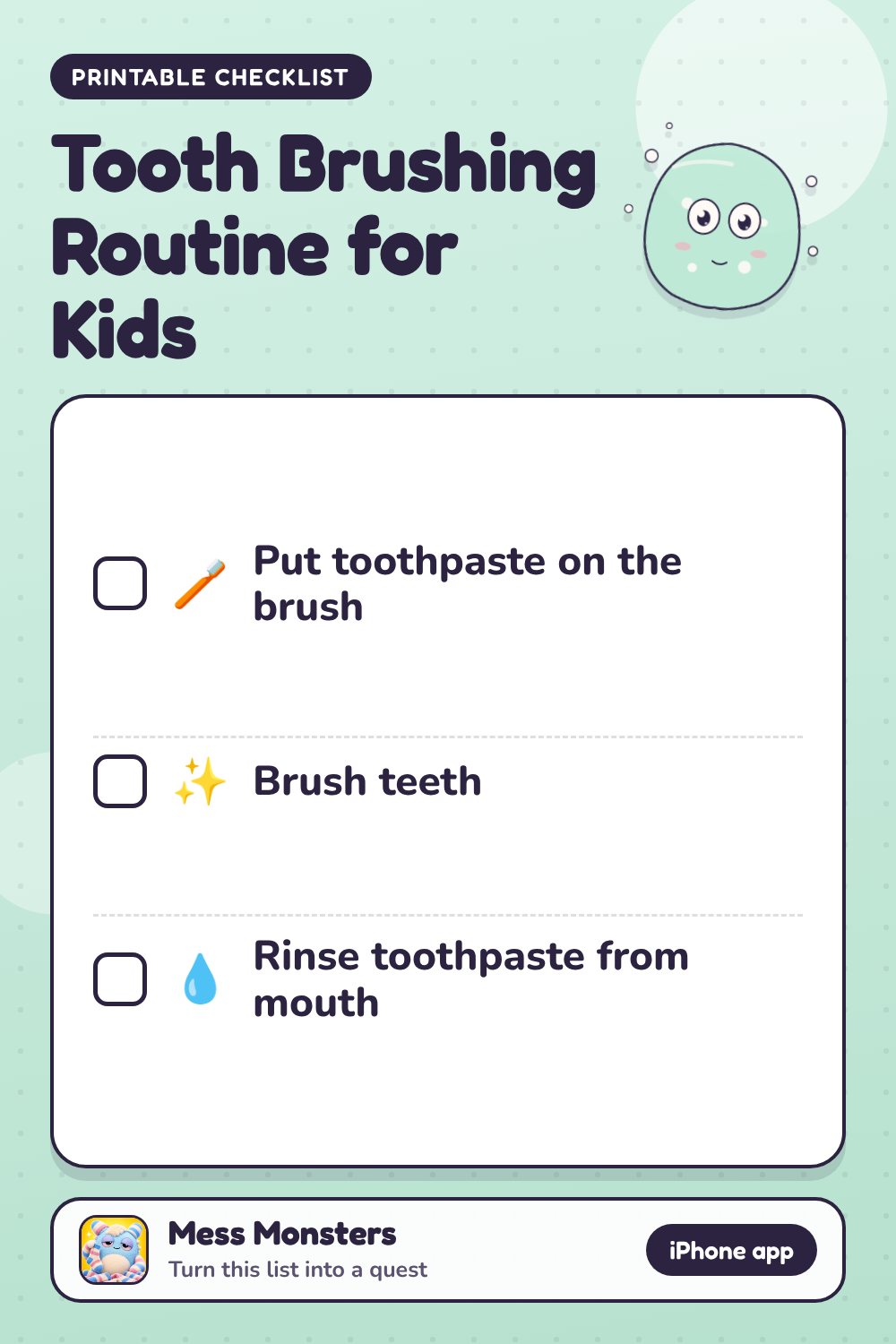 Tooth Brushing Routine for Kids checklist with 3 steps