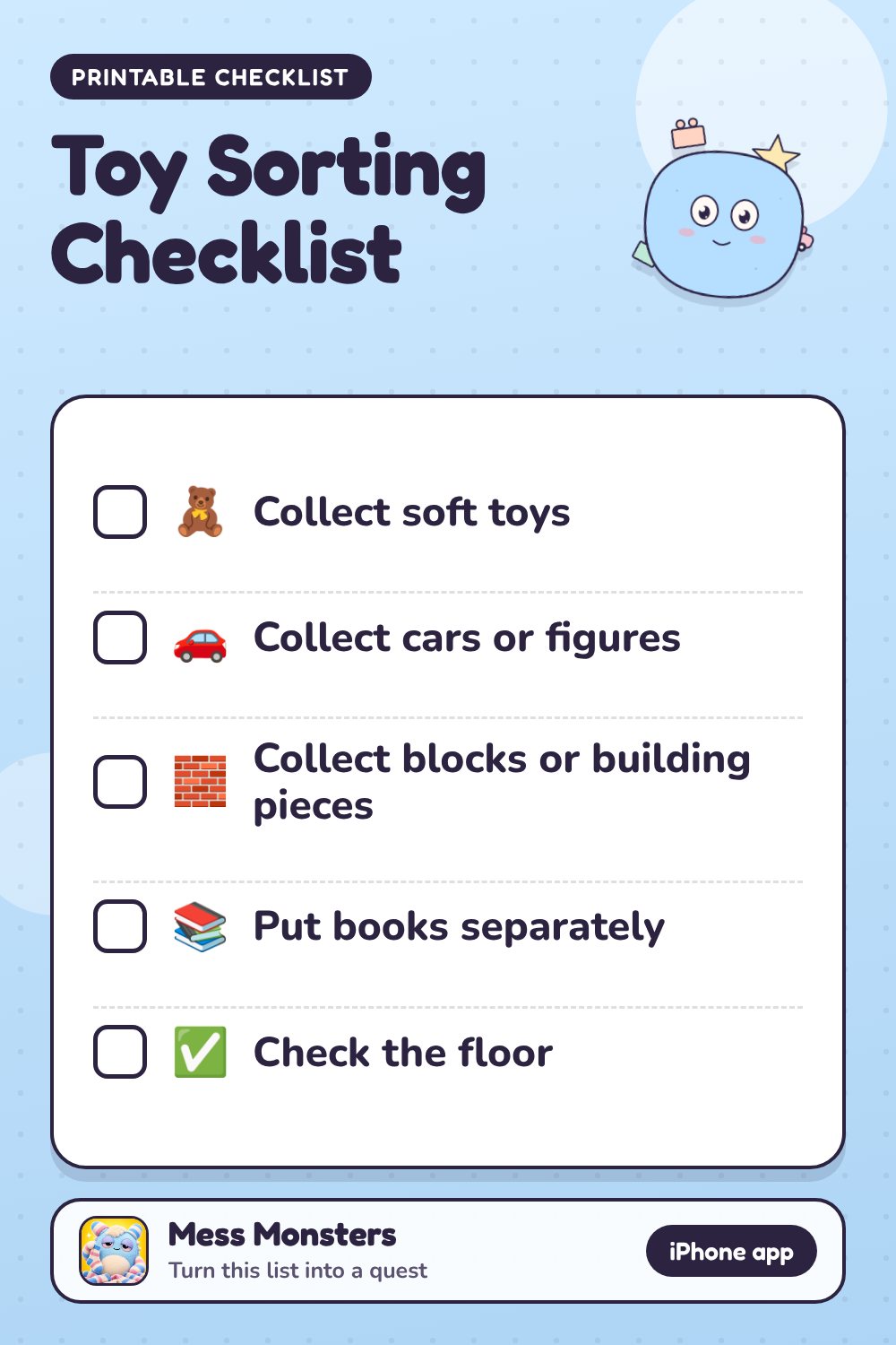 Toy Sorting Checklist checklist with 5 steps