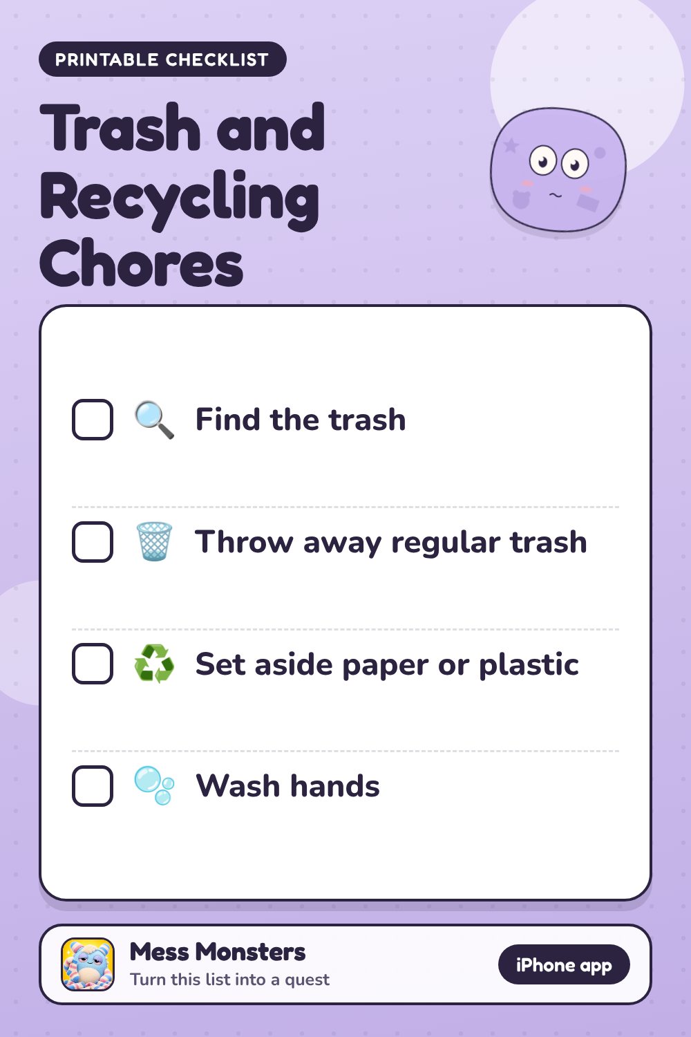 Trash and Recycling Chores checklist with 4 steps