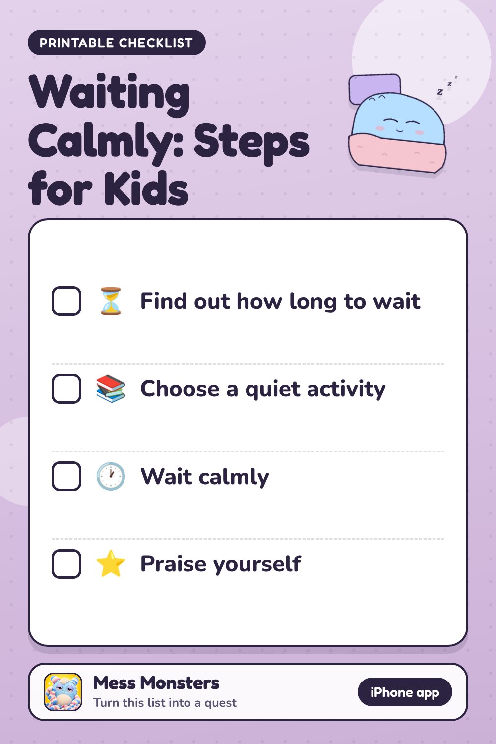Waiting Calmly: Steps for Kids checklist with 4 steps